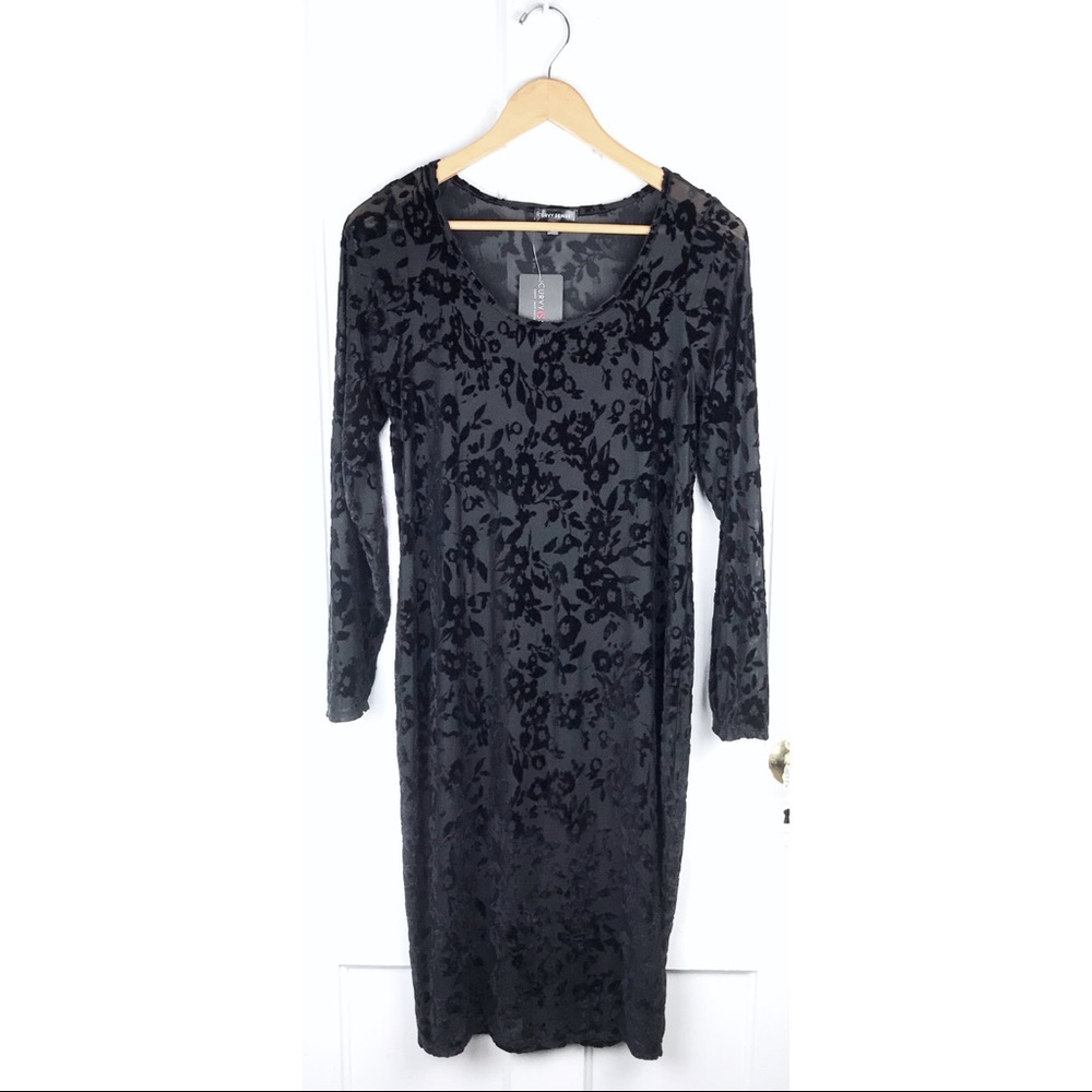 NWT : Curvy Sense : size : 1X : Black velvet floral print Bodycon party dress